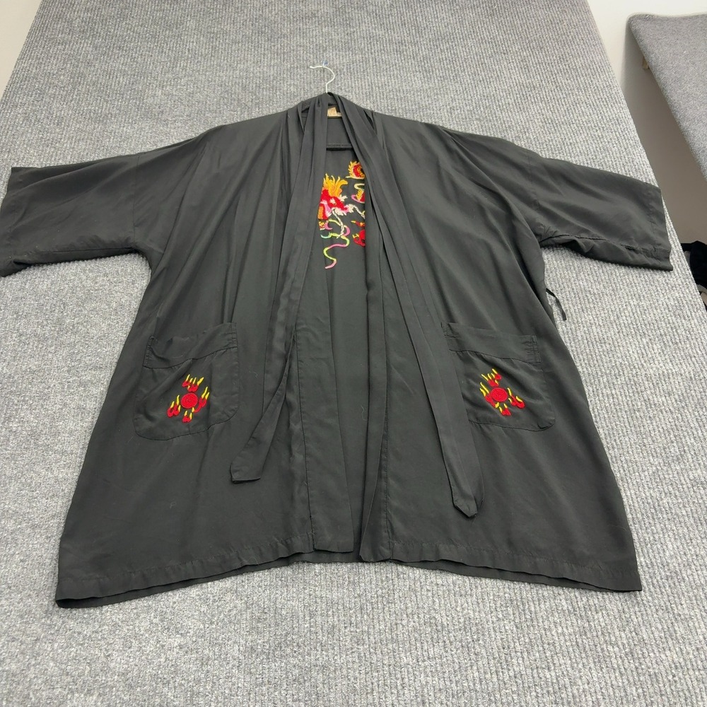 Vintage Silver Lake Kimono Robe Mens XL Black Rayon Embroidered Dragon Boho